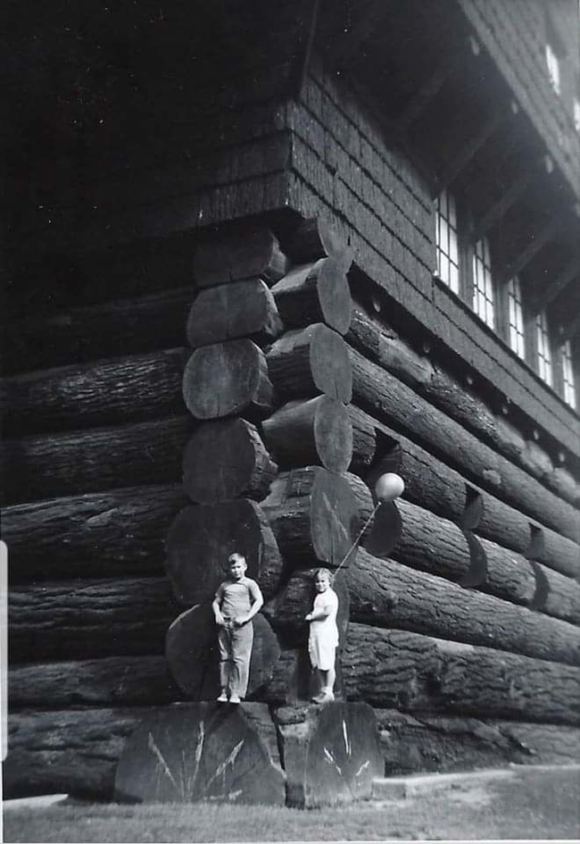 Log cabin from sequoia logs - House, Log house, Black and white photo, Sequoia