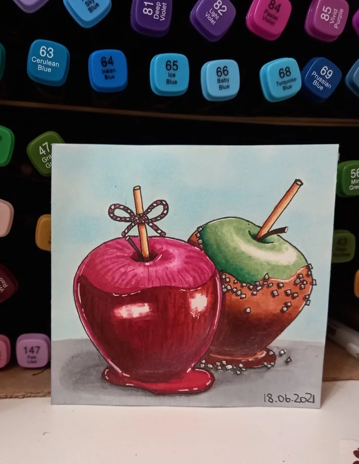 I love apples and drawing - Apples in caramel, Positive, Sketch, Learning to draw, Фрукты, My, Longpost, Drawing, Alcohol markers, Apples