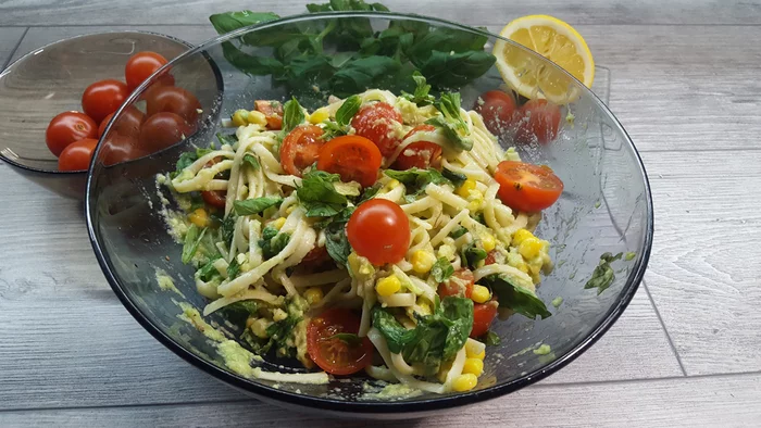 Pasta salad with vegetables - My, Cooking, Video recipe, Salad, Vegetables, Tomatoes, Avocado, Corn, Basil, , Pasta, Yummy, Healthy eating, Recipe, Video blog, Video
