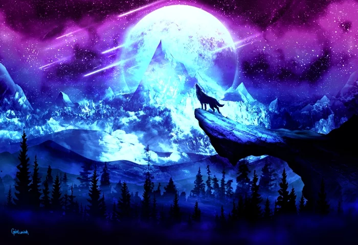 Night Wolf - The mountains, Forest, Wolf, Sky, Art, moon