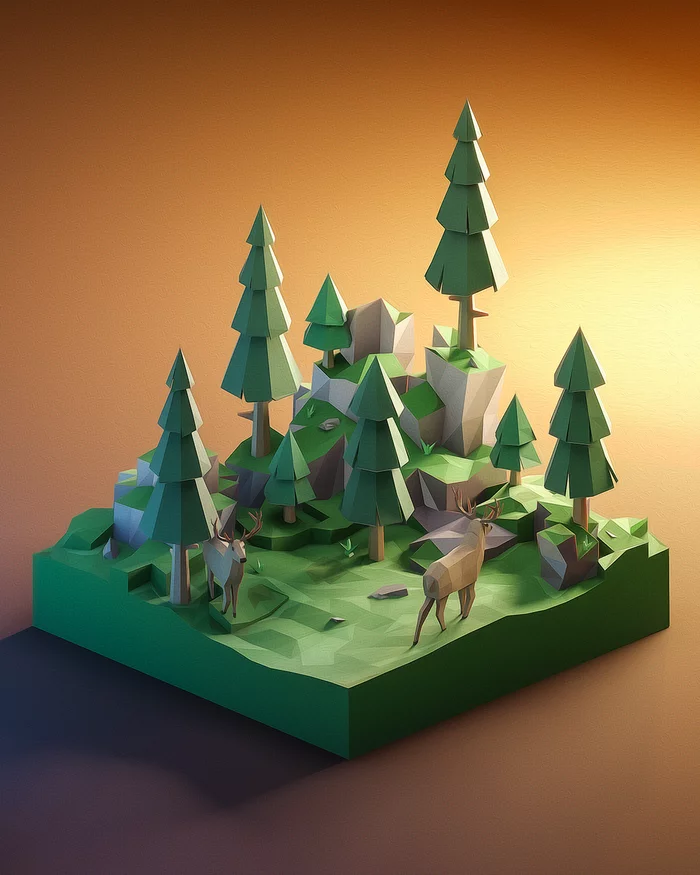 Олени в лесу Low Poly - Моё, Low poly, 3D, Арт, Изометрия, Blender, Олени, Лес, Компьютерная графика