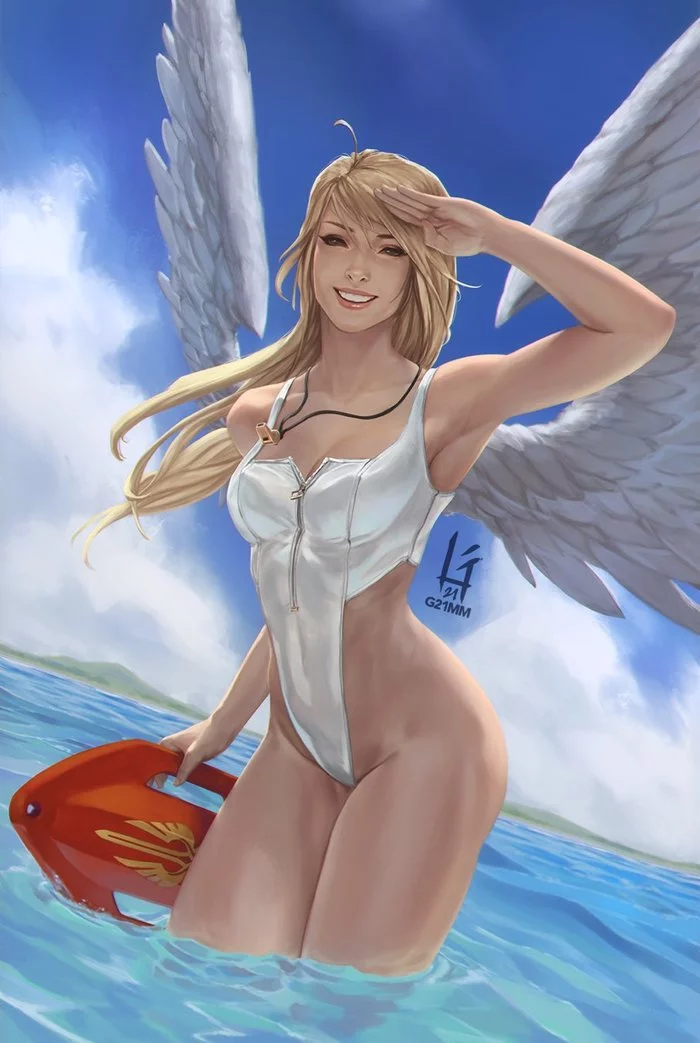 Rescuer Angel - NSFW, Drawing, League of legends, , Kayle, Girls, Swimsuit, Erotic, G21mm, , Art