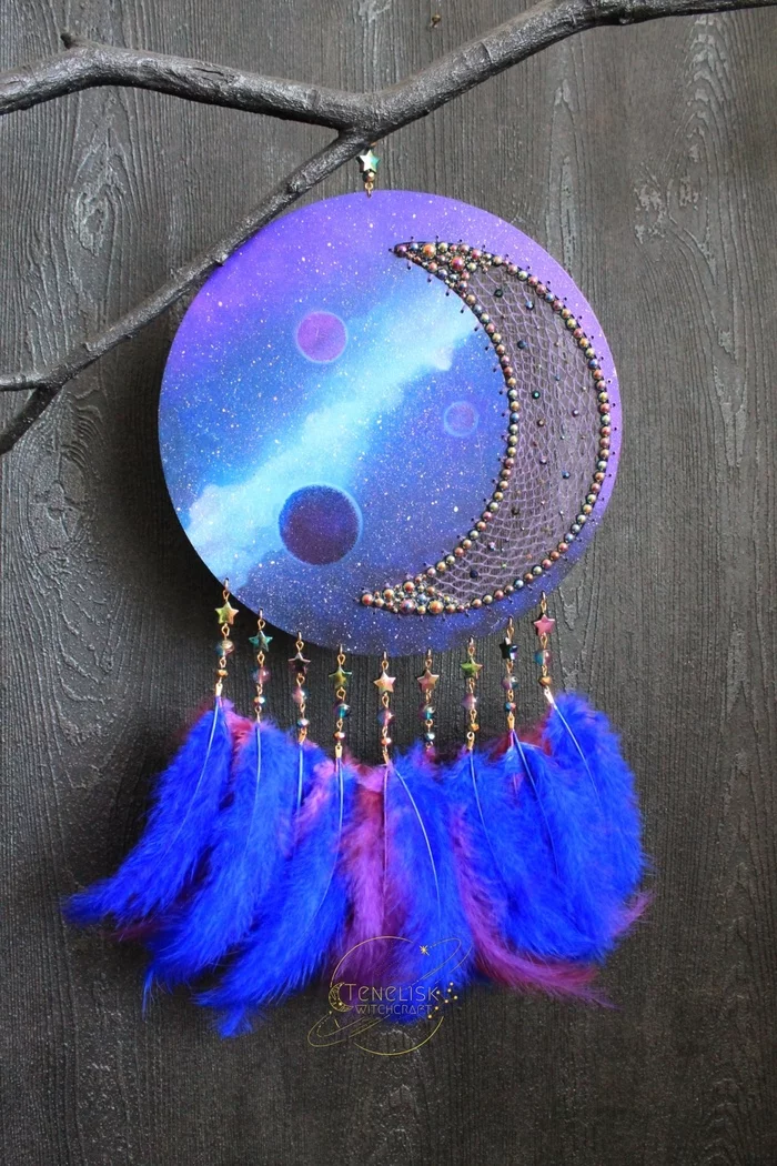 Dreamcatcher: Ice Nebula - My, Dreamcatcher, Needlework without process, Handmade, Hobby, Weaving, Needlework, With your own hands, Feathers, , Friday tag is mine, Longpost, Space, Galaxy, Stars, Planet, moon, Painting, Crescent, Decor, Interior Design, Paints