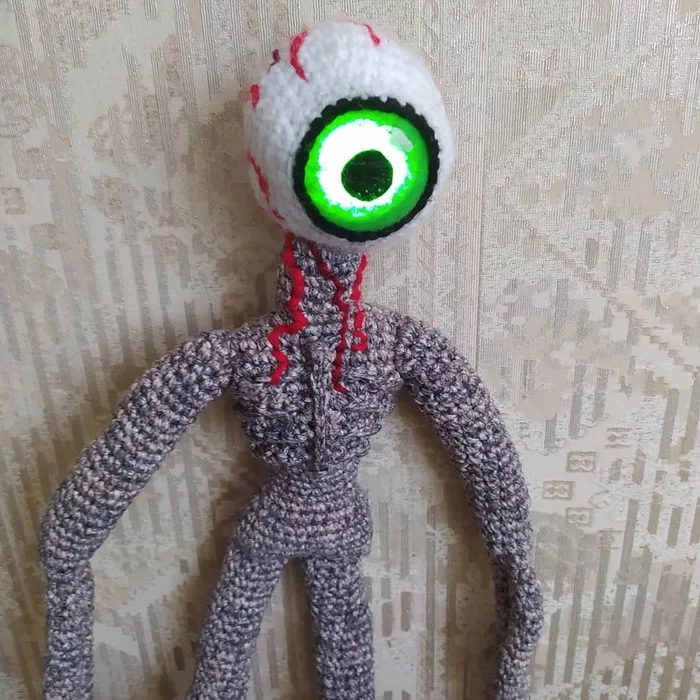 Trevor Henderson's Eye Monster toy with glowing eye - My, With your own hands, Needlework with process, Soft toy, Monster, Lilachead, Crochet, Knitted toys, Video, Longpost