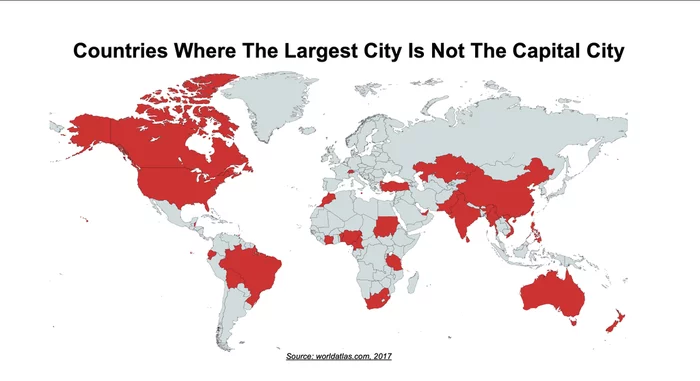 The countries whose largest cities are not capitals are marked in red - Images, Cards, Geography, Information