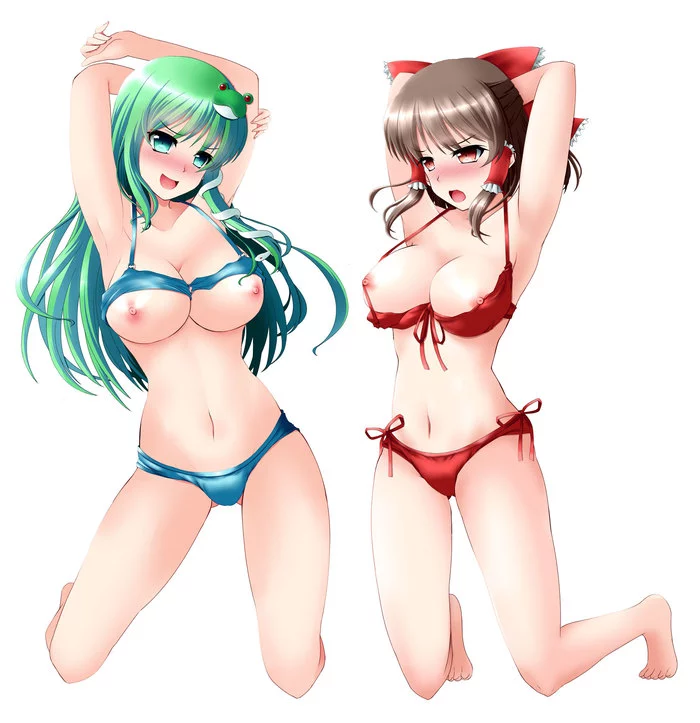 Reimu & Sanae - NSFW, Touhou, Hakurei Reimu, Kochiya Sanae, Anime art, Anime, Boobs, Swimsuit, Hand-drawn erotica, , Erotic, 