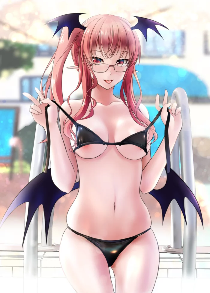 Koakuma - NSFW, Touhou, Koakuma, Anime art, Anime, , Swimsuit, Megane, Boobs, , Hand-drawn erotica, Erotic, Longpost