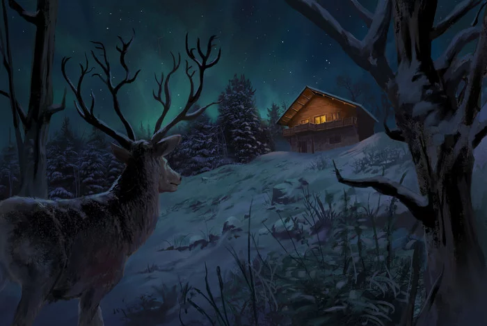 Winter night - Drawing, Winter, Night, Polar Lights, Hut, Deer, Art