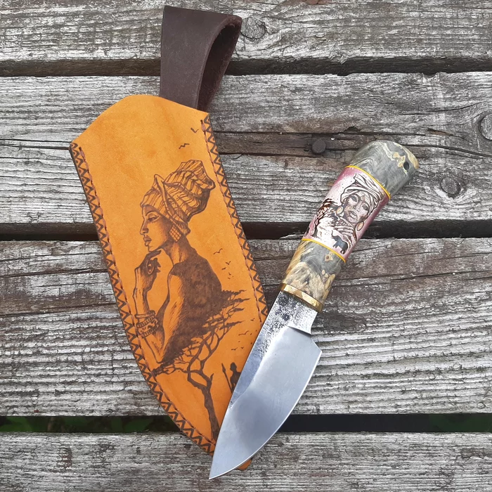 Knife with African motifs - My, Knife, Pyrography, X12MF, Horns, Longpost