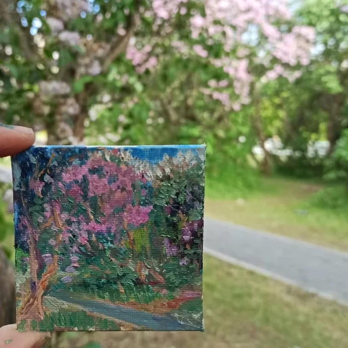 A little spring - My, Painting, Plein air, Lilac, Miniature, Oil painting, beauty, Longpost