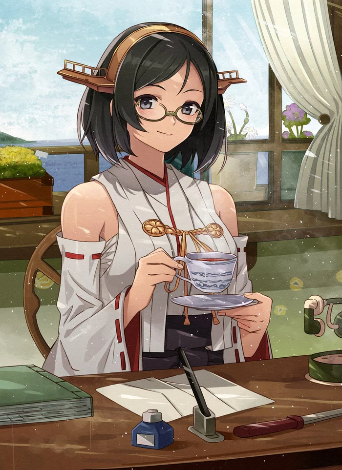 Kirishima - Anime, Anime art, Kirishima, Kantai collection, Art, Games, Girls, Glasses