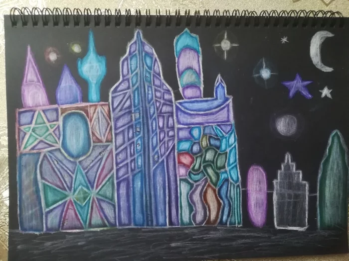 star city - My, Drawing, Pencil drawing, Pencil, Colour pencils, Space, Creation, Painting, Black paper, , Stars