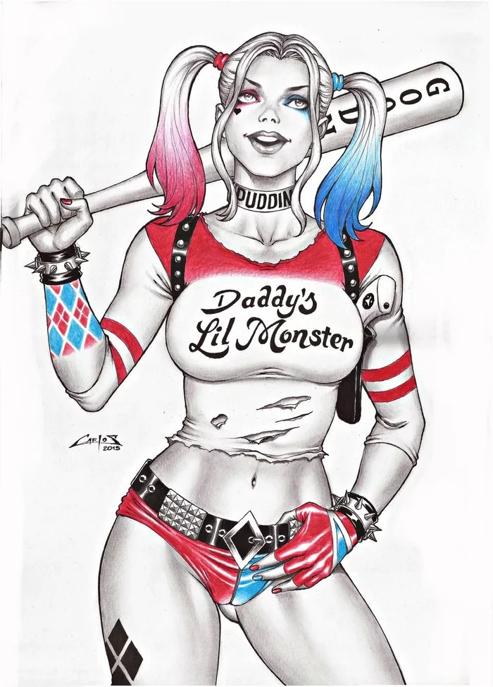 2016 Suicide Squad Harley with a bat - NSFW, Art, Hand-drawn erotica, Fan art, Dc comics, Harley quinn, Suicide Squad, , Girls, , Bit, Pumpkin, Underpants, Booty, Boobs, Girl with tattoo, Longpost