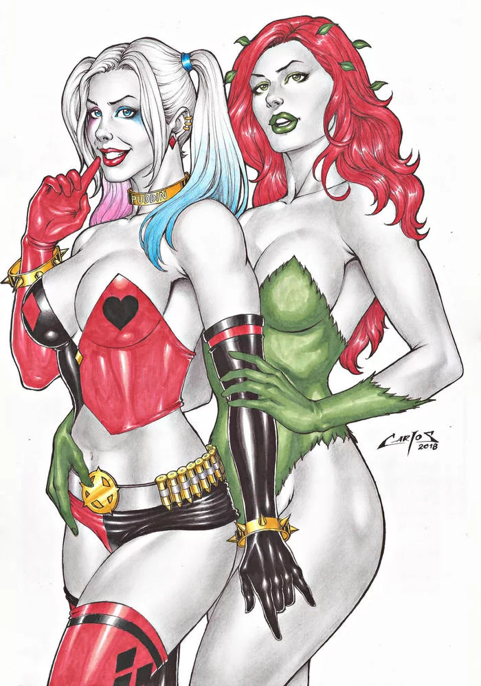 Harley and Ivy by Carlos Braga - NSFW, Art, Hand-drawn erotica, Dc comics, Harley quinn, Poison ivy, Girls, Lesbian, Corset, , Breast, Booty, Longpost