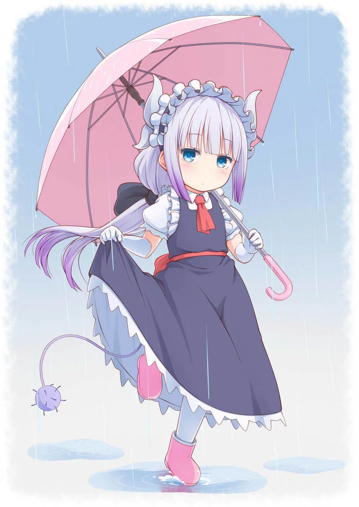 Горничная Канна-тян - Аниме, Anime Art, Kanna Kamui, Kobayashi-San chi no maidragon, Loli, Горничная, Зонт, Дождь