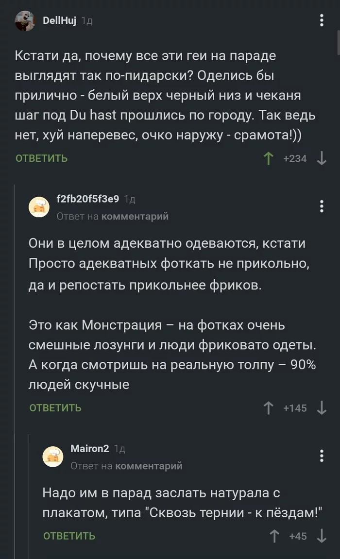 Сквозь тернии к...чему? - Юмор, Комментарии на Пикабу, Скриншот, Гей-Парад, Геи, ЛГБТ, Мат