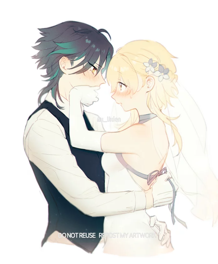 Xiao and Lumine - Genshin impact, Xiao, Lumine, Anime, Anime art, Wedding Dress, Blush