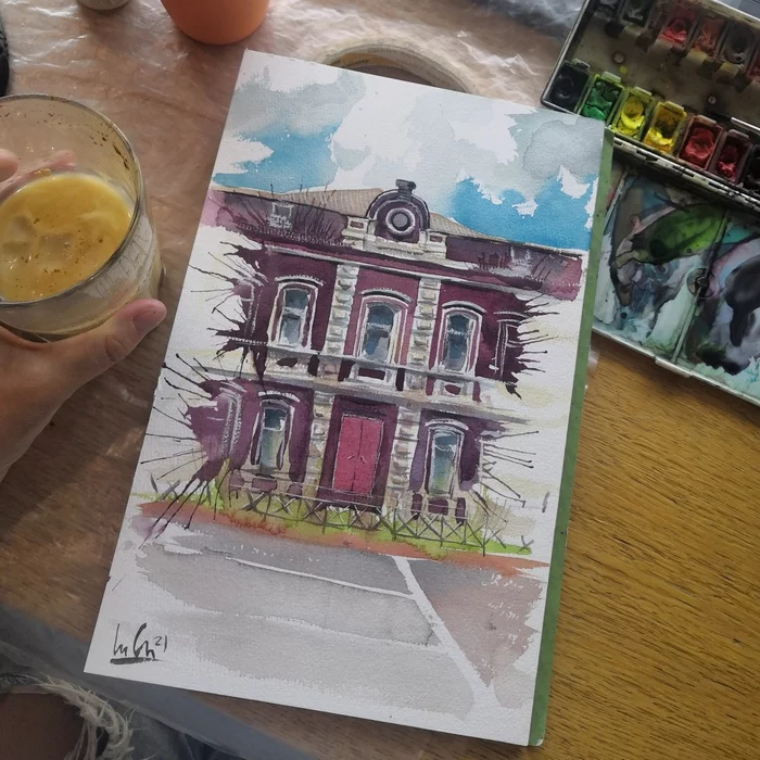 The plein air was not successful because of the rain, but we were not at a loss and sat down to draw the opposite building in a cafe - Plein air, Art, Modern Art, Artist, Painting, Architecture, Sketch, Sketch, , Painting, Longpost