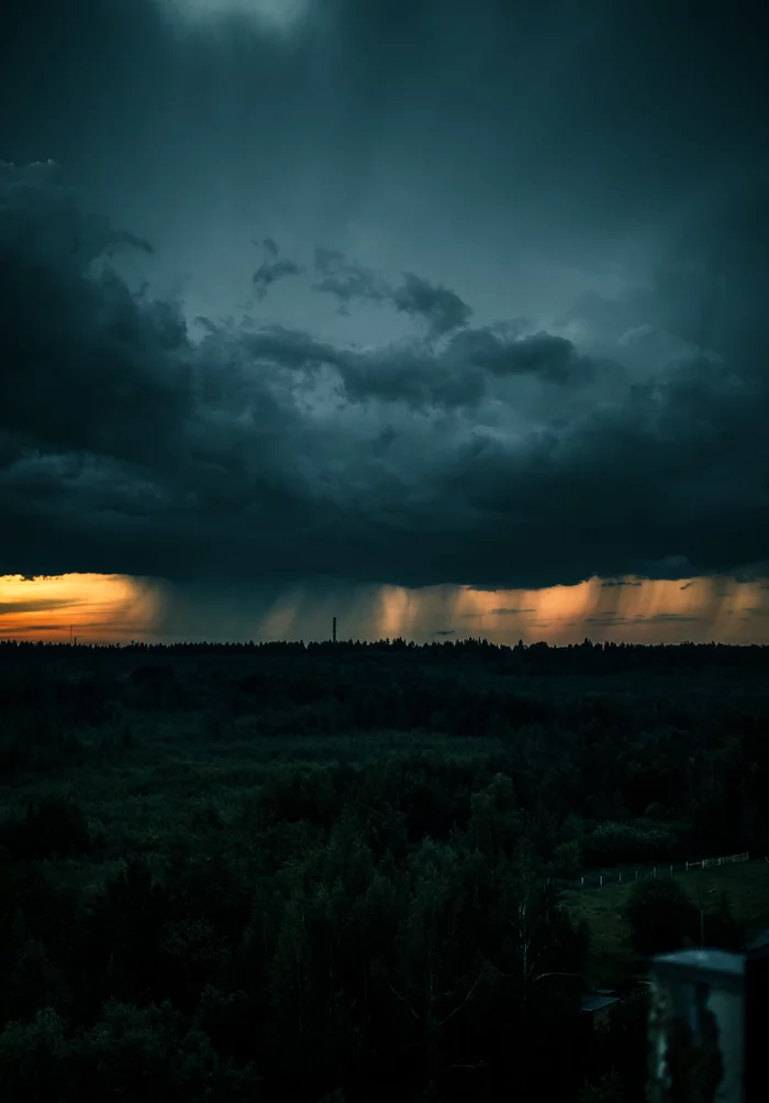 Sunset during a thunderstorm - My, Thunderstorm, The clouds, Sunset, Rain, Nature, Element, The sun, Forest, , The photo, Nikon