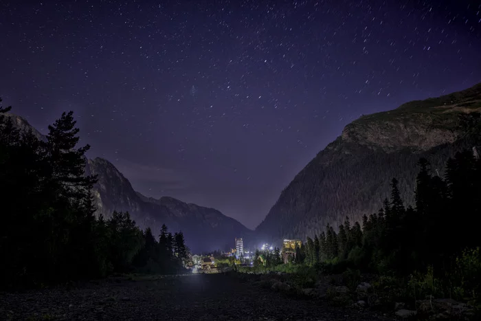 View of the night Dombai - My, The photo, Dombay, Night, Starry sky, The mountains