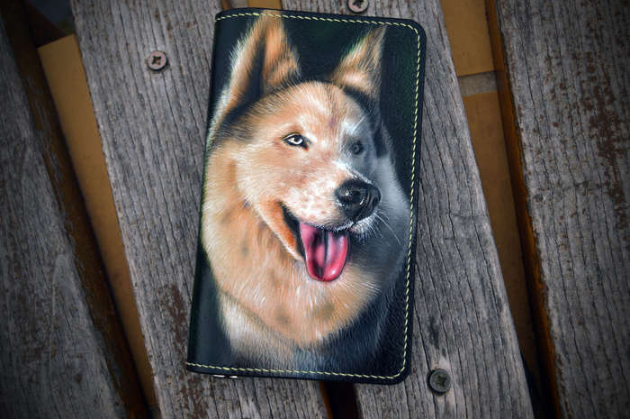 Pet embossed clutch - My, Dog, Husky, Leather, Embossing on leather, Clutch, Needlework without process, Longpost