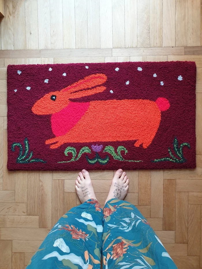 Rabbit underfoot - My, Carpet, Embroidery, With your own hands, Antistress, Needlework with process, Longpost