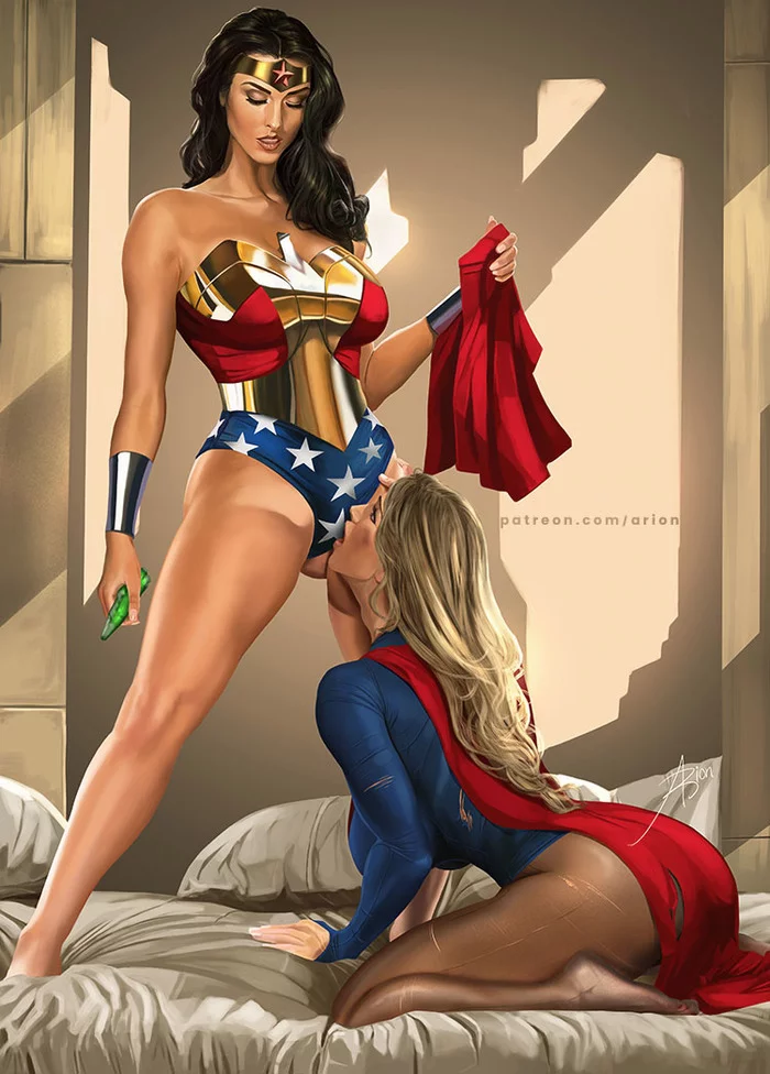 When there is a little kryptonite ... - NSFW, Art, Drawing, Dc comics, Wonder Woman, Diana Prince, Supergirl, Superheroes, Girls, , Erotic, Hand-drawn erotica, Boobs, Booty, Tights, On the knees, Lesbian, Kryptonite, Arion69