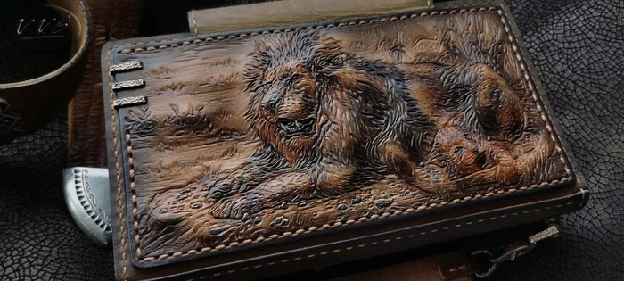 Exclusive men's leather clutch Lion - My, Longpost, Handmade, Needlework without process, Accessories, Wallet, Purse, Wallet, Clutch, Leather products, , Natural leather, Embossing on leather, Exclusive, Presents, Metal products, Cover, Сумка, Sale, Flea market, a lion, King of beasts