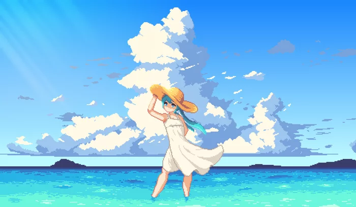 Miku in summer - Vocaloid, Hatsune Miku, Anime Art, Pixel Art, Аниме