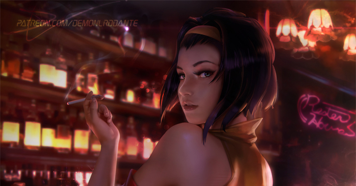 Hello cowboy ... - NSFW, Art, Anime, Anime art, Cowboy bebop, Faye valentine, Girls, Erotic, Hand-drawn erotica, , Stockings, Booty, Smoking, Cigarettes, Bar, Bar, Demonlorddante