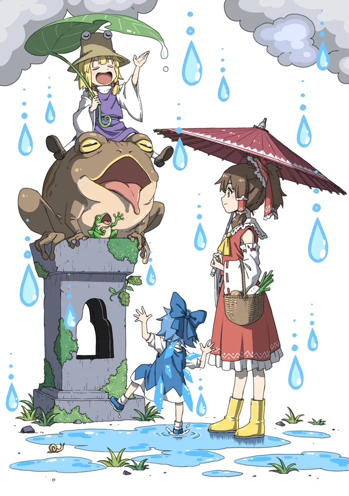 frog songs - Anime, Anime art, Touhou, Hakurei Reimu, Moriya suwako, Cirno, Inuno rakugaki