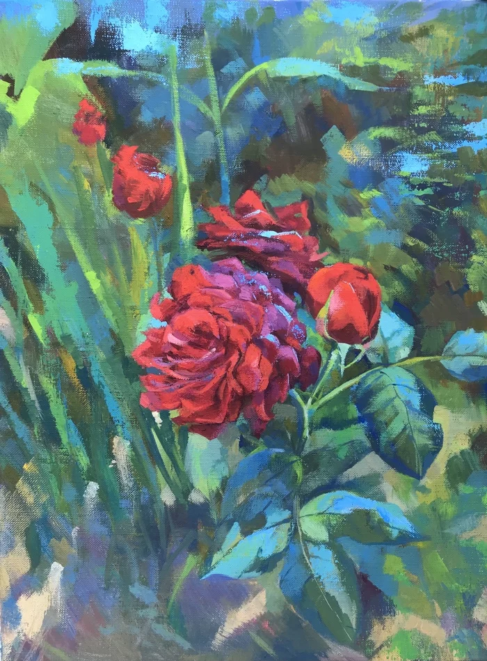 Roses in the garden - My, the Rose, Tempera, Painting, Luboff00