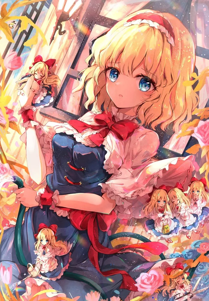 Alice and dolls - Alice margatroid, Shanghai Doll, Kirisame marisa, Touhou, Anime art, Anime, Twitter, Hunya