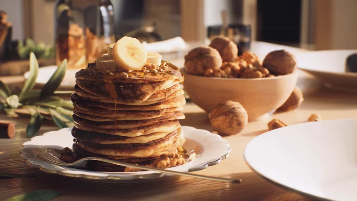 Delicious pancakes with banana and honey, created on Unreal Engine 4 - My, Breakfast, Pancakes, Unreal Engine 4, Raytracing, Gamedev