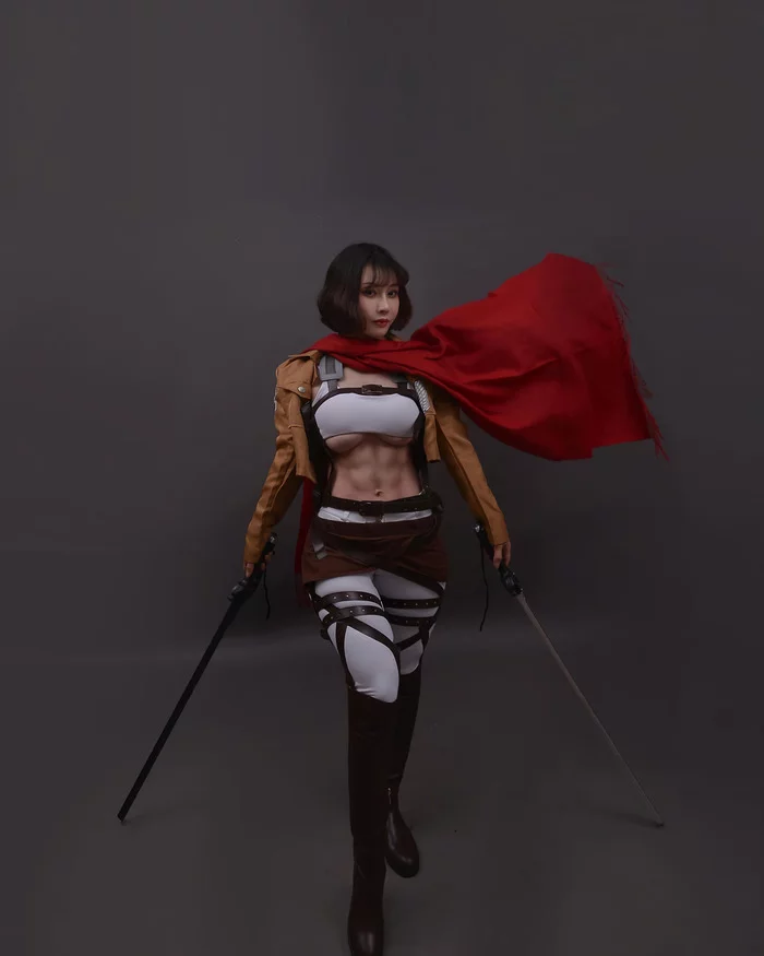 Mikasa Ackerman - NSFW, Yuan Herong, Attack of the Titans, Mikasa Ackerman, Anime, Cosplay, Strong girl, Asian, Girls, , The photo, Sports girls, Video, Longpost