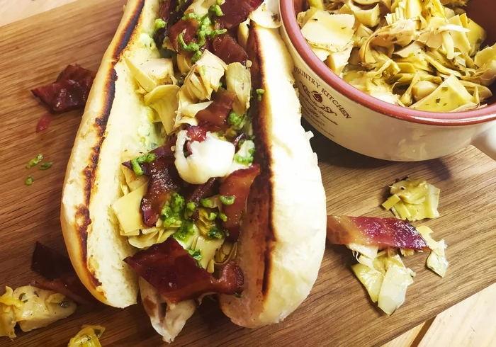 Hot dog with prosciutto - My, Yummy, Mayonnaise, Recipe, Hot Dog, Pesto sauce, Mozzarella, Prosciutto, Longpost