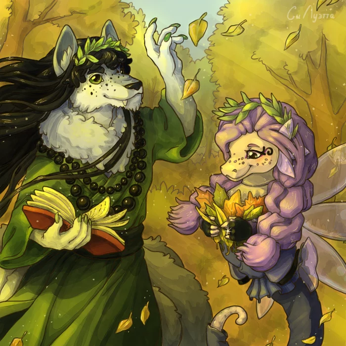 Karkat and Bugvin, autumn walk - My, Furry, Sea Horse, Autumn, Leaves, Autumn leaves, Drawing, Digital drawing, Furry art, , Furry wolf
