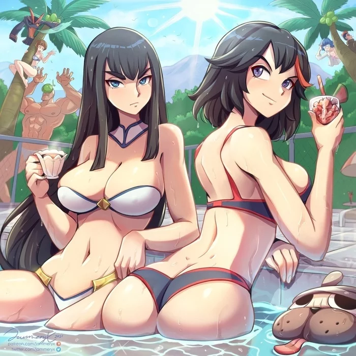 Heat ... What's the temperature in your city? - NSFW, Heat, Swimming pool, Girls, Art, Anime, Anime art, Matoi Ryuuko, Kiryuuin Satsuki, , Kill la Kill