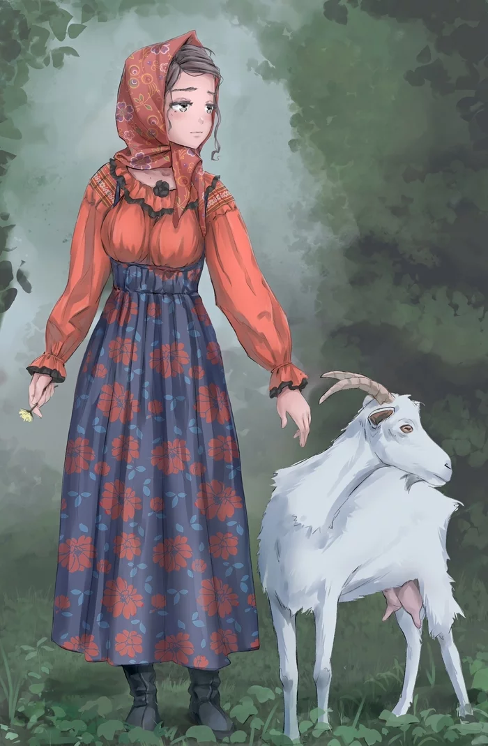 Young lady with a goat - Drawing, Slavs, Girls, Goat, Art, Iskanderednaksi