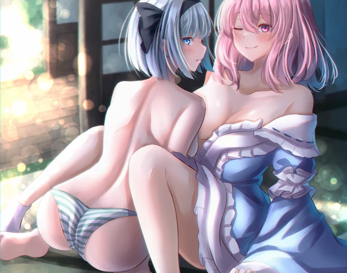 Youmu & Yuyuko - NSFW, Touhou, Konpaku Youmu, Saigyouji Yuyuko, Anime Art, Аниме, Shiranui, Попа, Сиськи, , Панцу, Рисованная эротика, Эротика