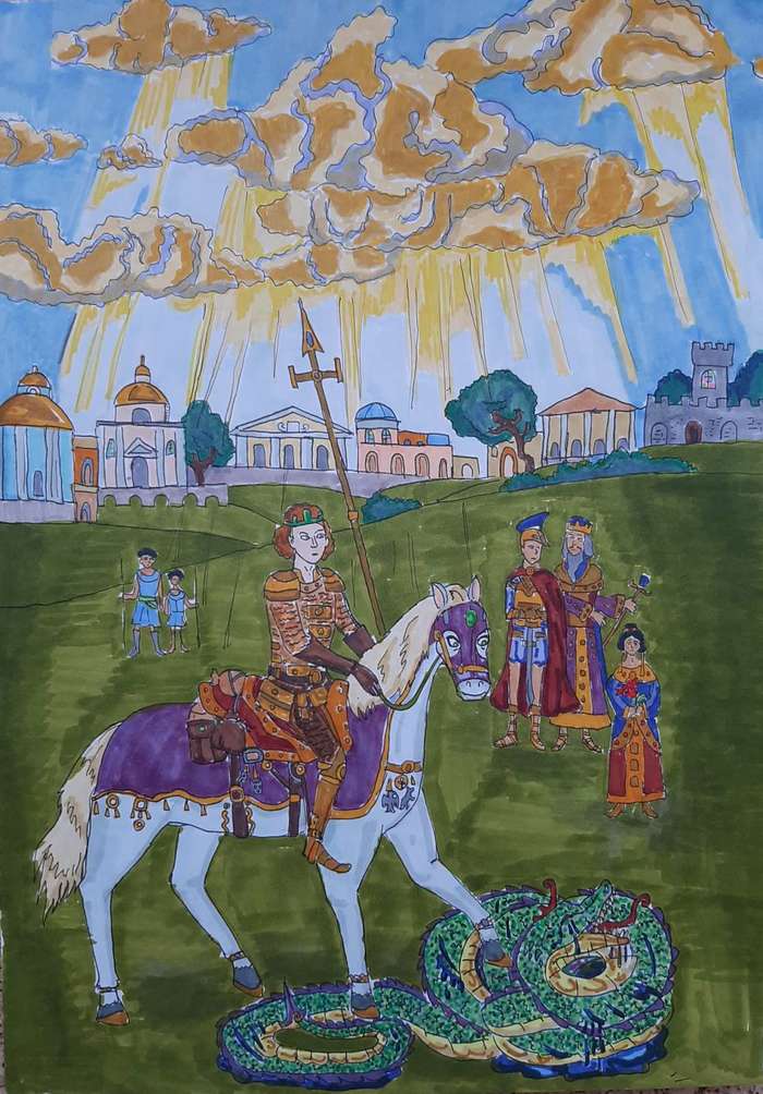 Saint George, version 2 - My, Drawing, Byzantium, St. George the Victorious, Religion, Myths, Ancient greek mythology, Basilisk, Beginner artist, , Alcohol markers, Knight, I'm an artist - that's how I see it