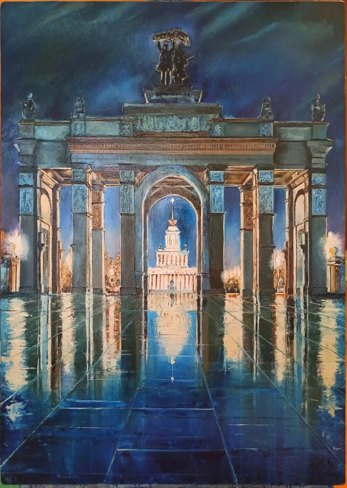 Another main arch of VDNKh - Canvas, Palette knife, VDNKh, Arch, Night, Friday tag is mine, Video, Longpost, Oil painting, My