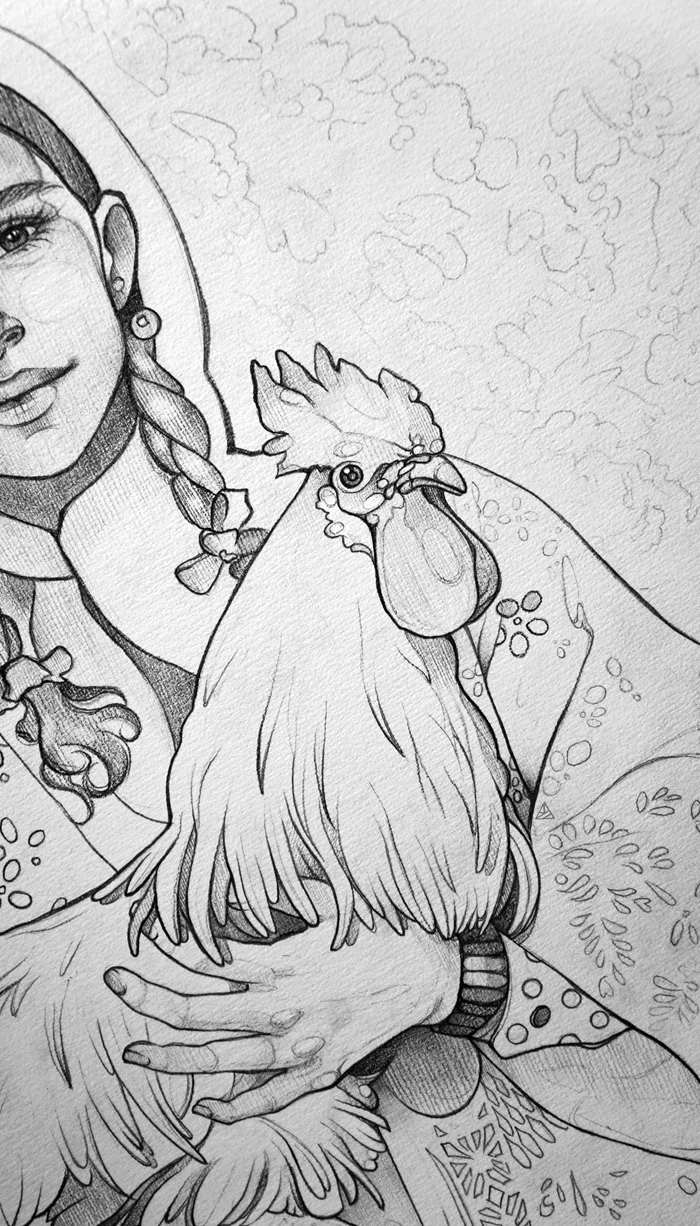 Giving life. Process - Longpost, My, Art, Drawing, Painting, Graphics, Girls, Rooster, Art, Pencil drawing