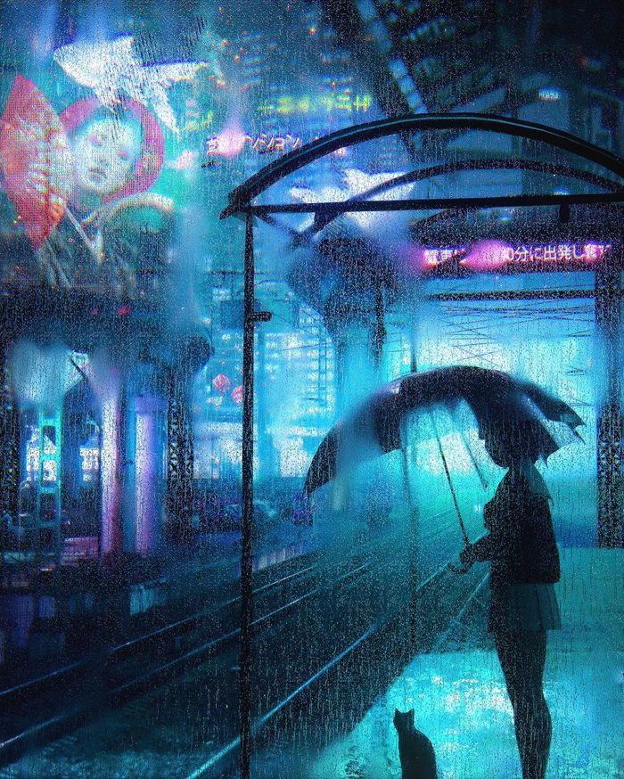 rainy neon - Drawing, Stop, Girls, Rain, cat, Neon, Art