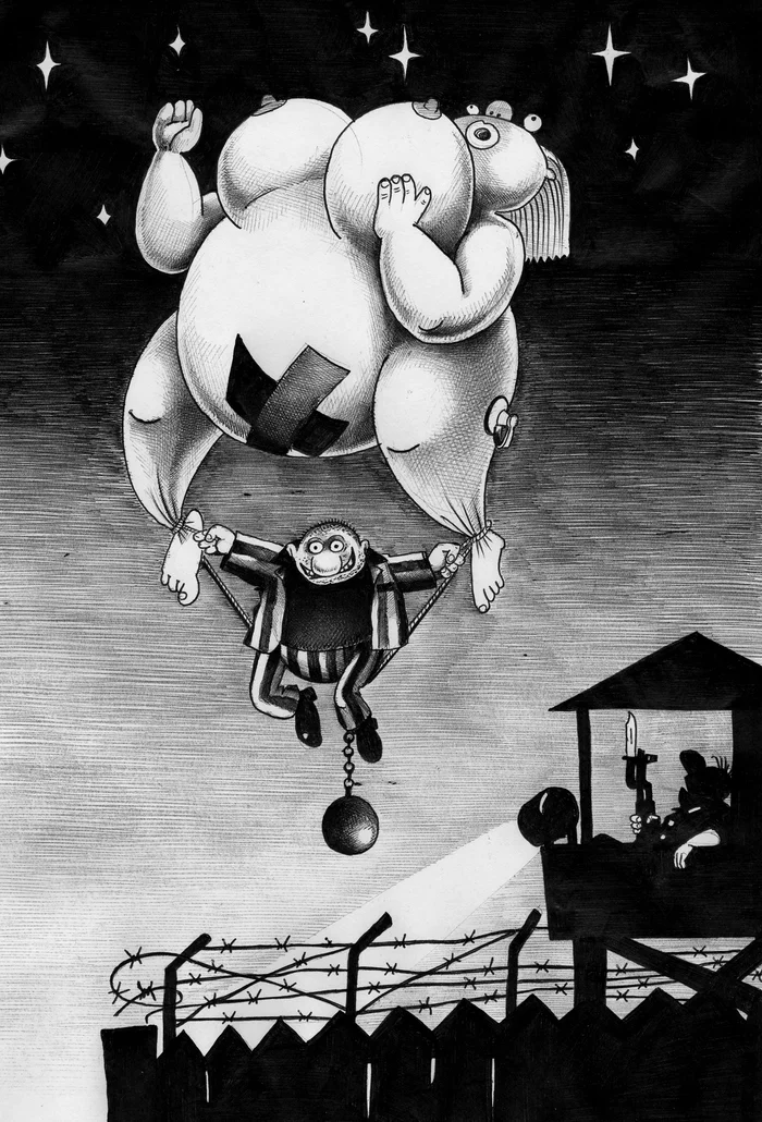 THE ESCAPE - My, Sergey Korsun, Caricature, Pen drawing, The escape, Rubber zine, Balloon, Unconventional approach, Boobs, , Prisoners