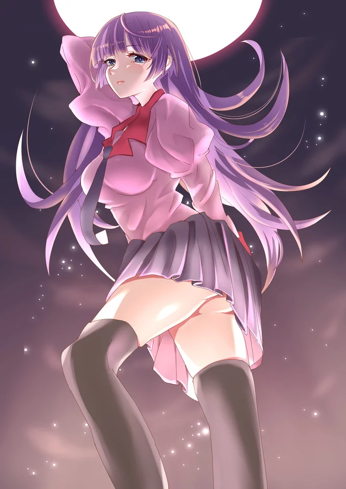 Полнолуние - Anime Art, Monogatari series, Hitagi Senjougahara, Bakemonogatari, Zettai Ryouiki, Mellonnicola03