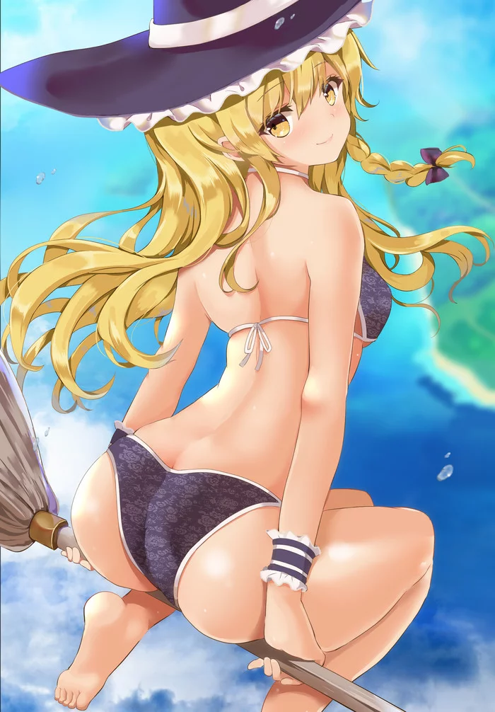 Kirisame marisa - NSFW, Touhou, Kirisame marisa, Anime art, Anime, Fujiko emnprmn, Swimsuit, Booty, Hand-drawn erotica, , Erotic