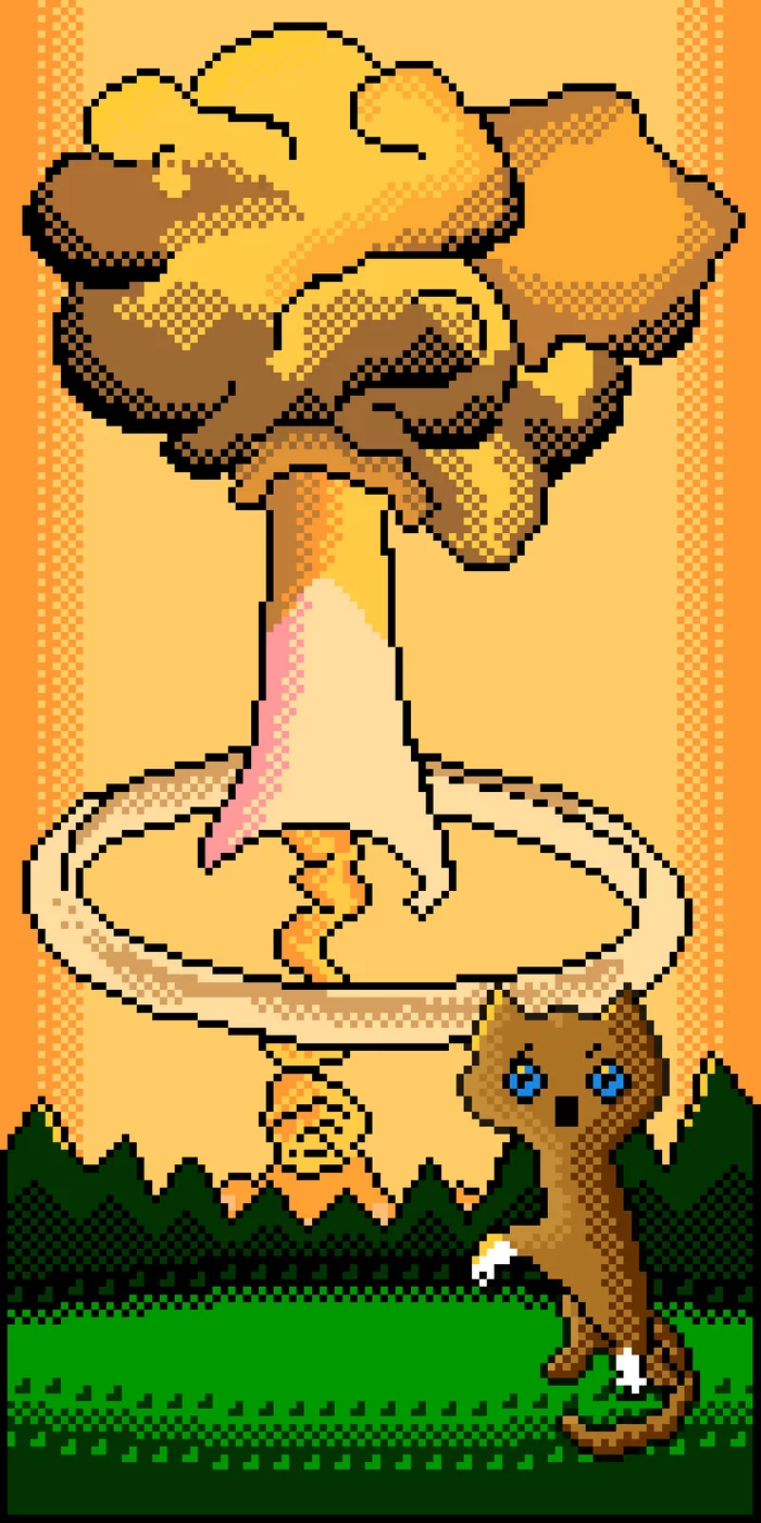 Phlogiston's response to Coffee, the cat and the nuclear mushroom - My, Coffee, Nuclear explosion, cat, Pixel Art, Reply to post