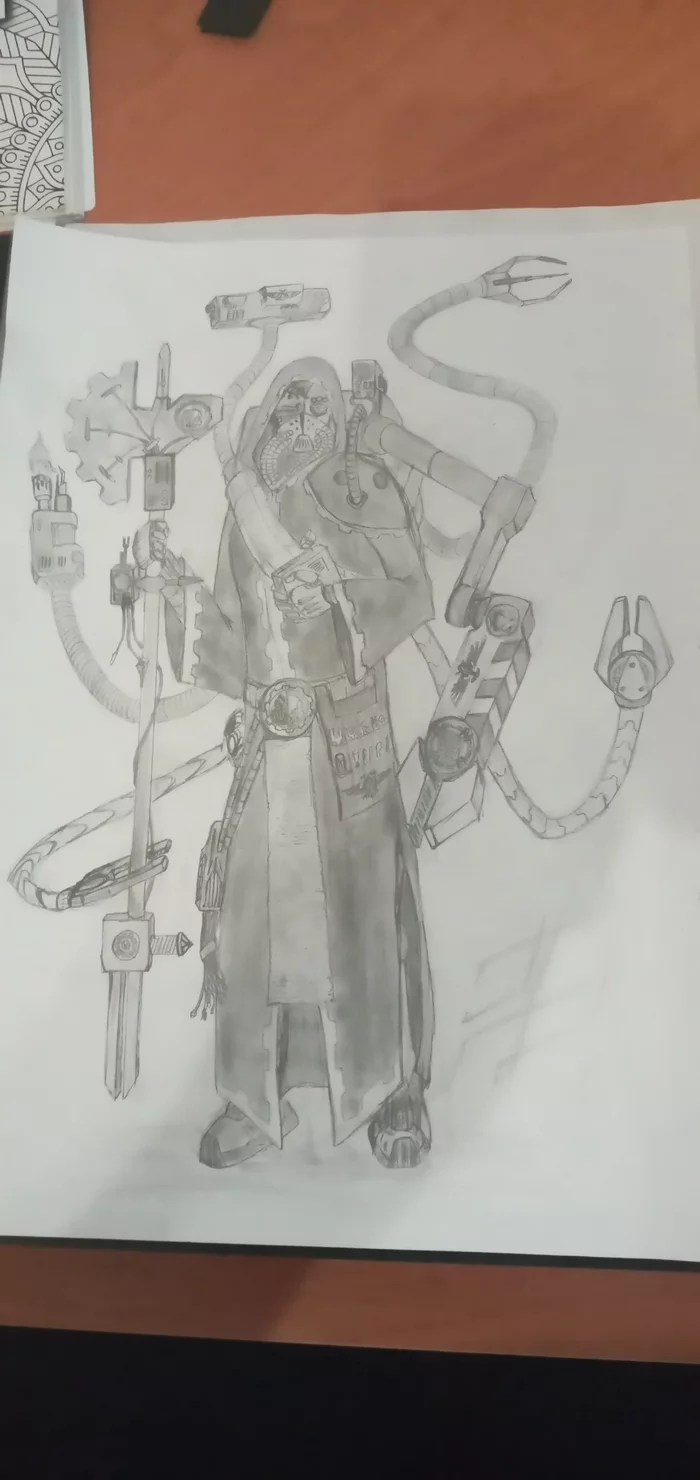 A little more practice through Warhammer. Tech-Priest Vallius - My, Warhammer 40k, Pencil drawing, Techno-Priests, Wh Art, Painting, Beginner artist, Longpost