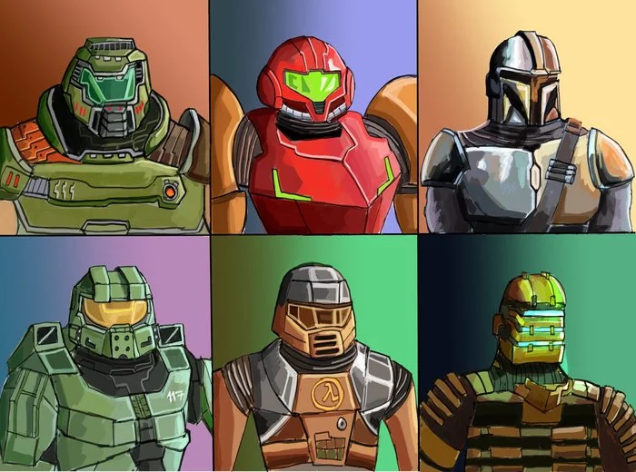 helmets - Doom, Metroid, Mandalorian, Halo, Half-life, Dead space, Art, Games